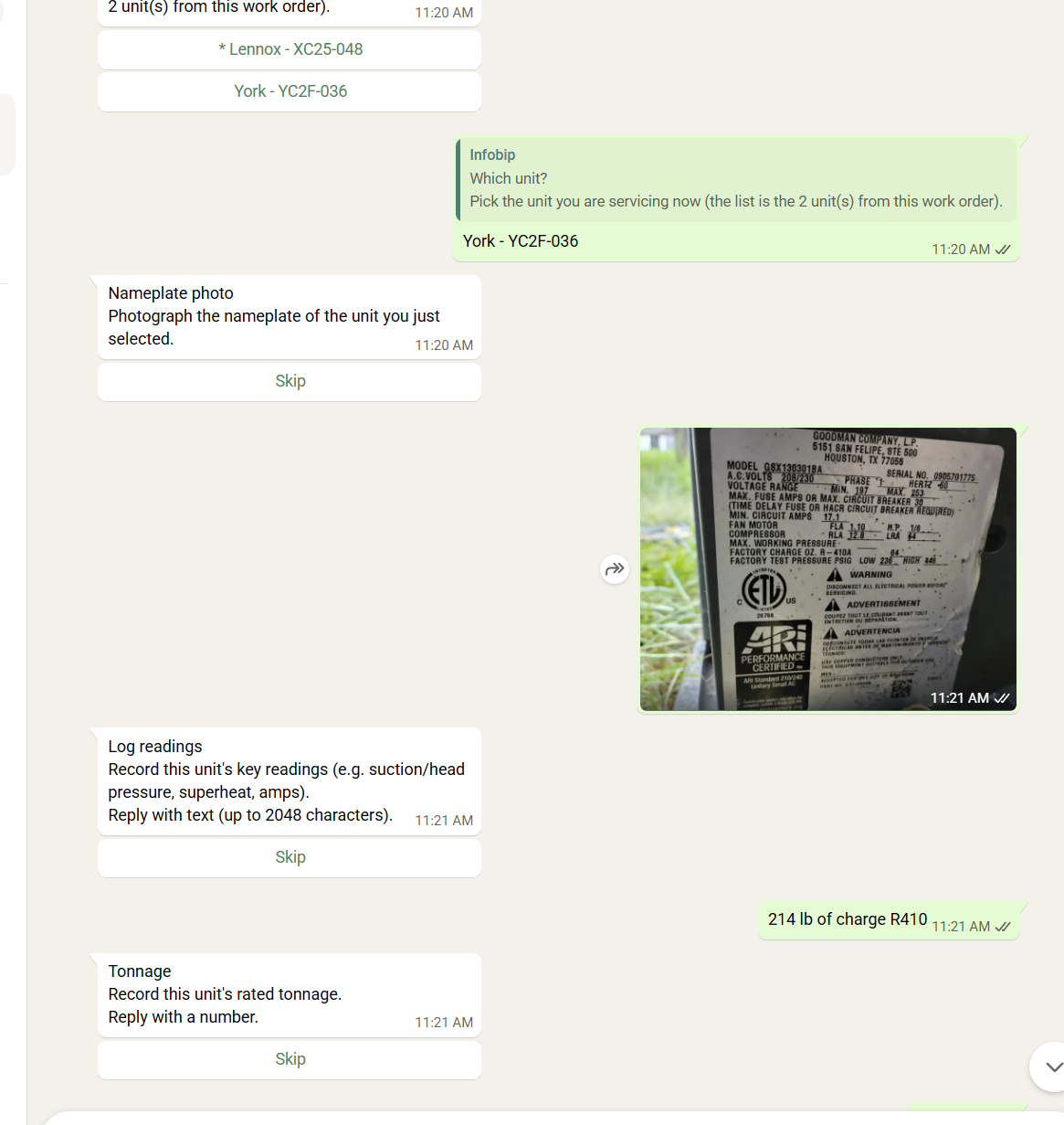 A field job running as a conversation on a subcontractor's phone